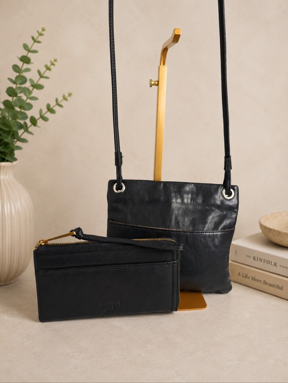 Margot New York Black Leather Crossbody Bag & Wristlet Set